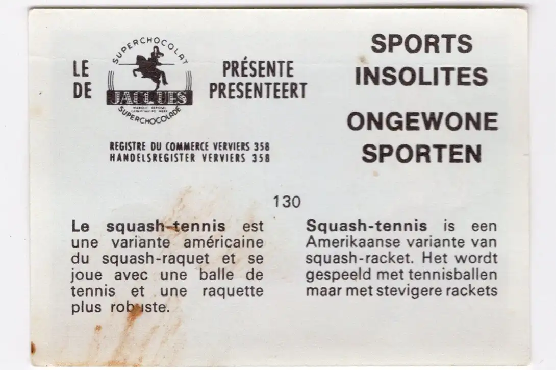 Back of a postcard showing two men playing squash tennis