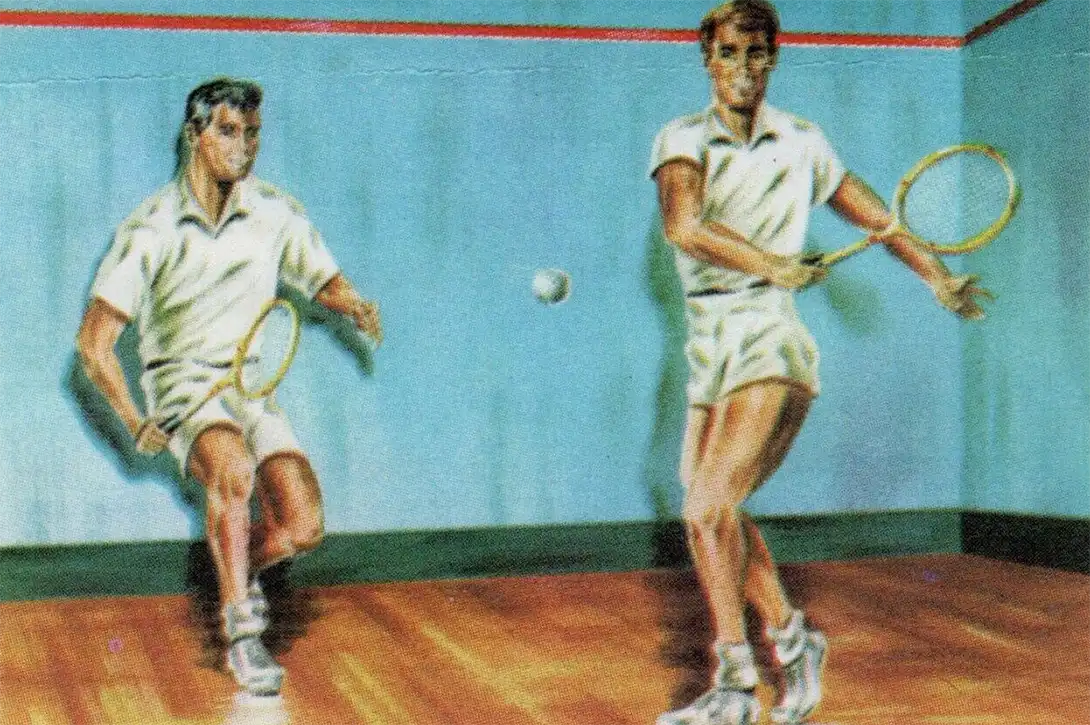 Front of a postcard showing two men playing squash tennis