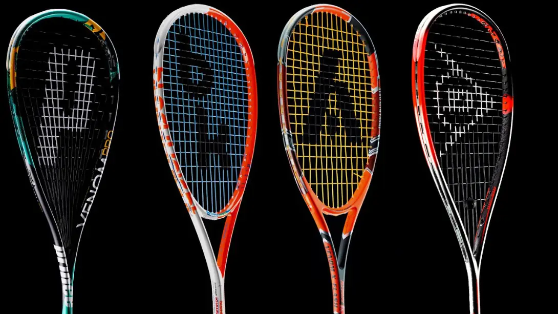 4 squash rackets; two teardrop shapped and two throated.