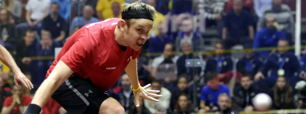 James Willstrop, a professional squash player, concentrating on the ball