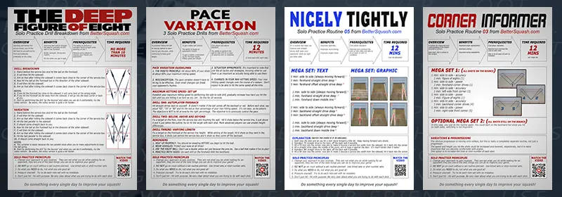 Some examples of the solo routine training posts available from BetterSquash dot com