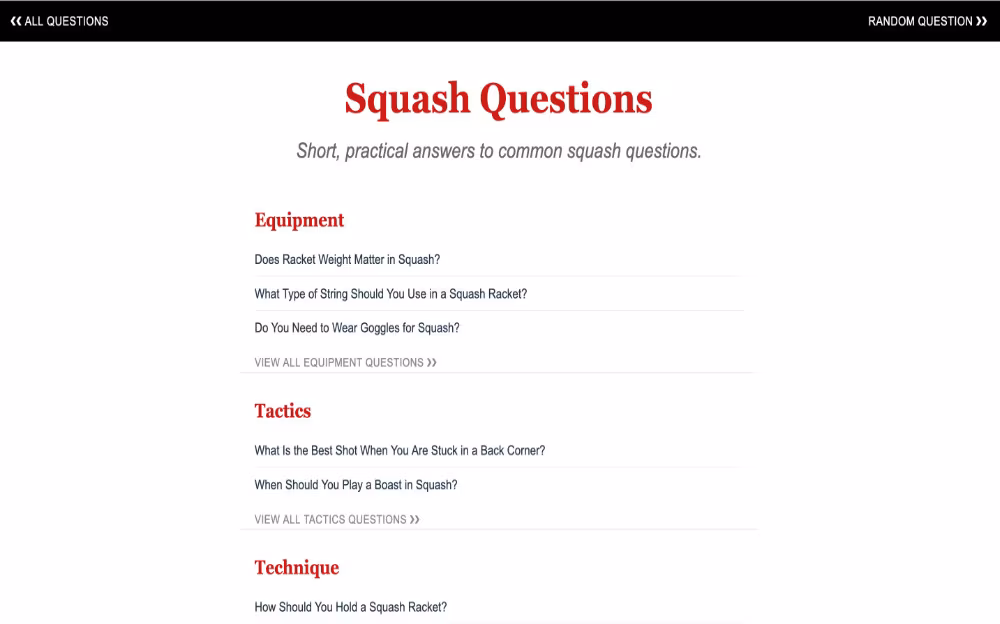 Squash Questions site screenshot