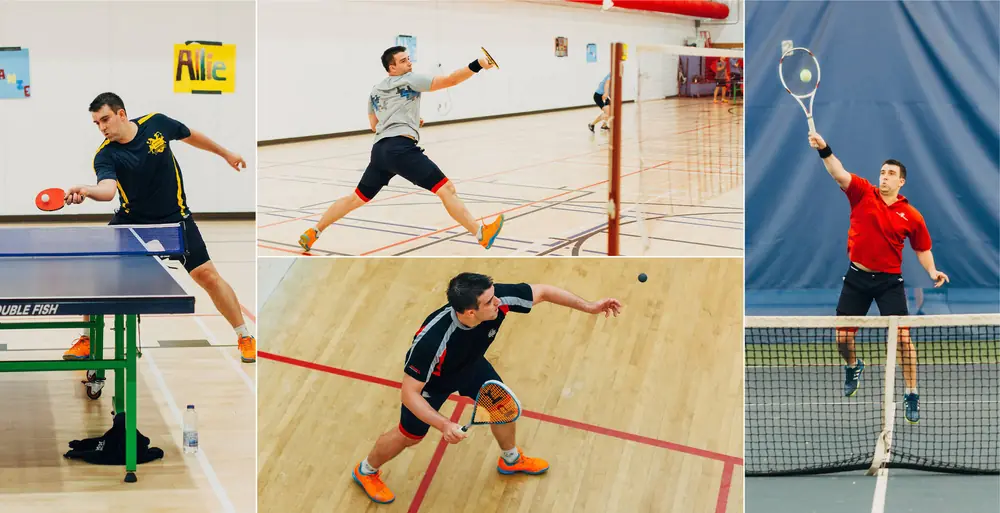 The same person showing good technique in each of the racketlon sports
