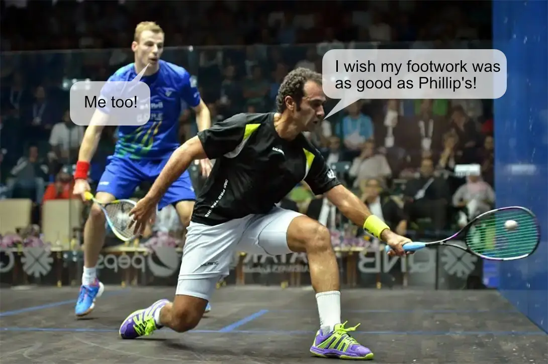 Two professional squash players on an all-glass court