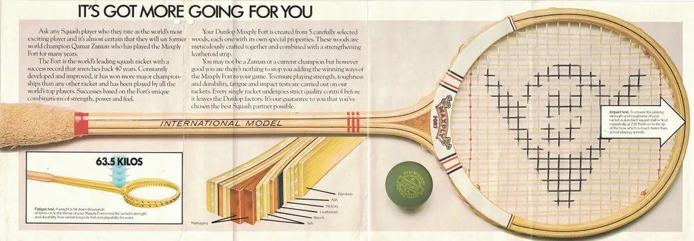 A Dunlop promotional leaflet with the Qamar Zaman Maxply Fort squash racket